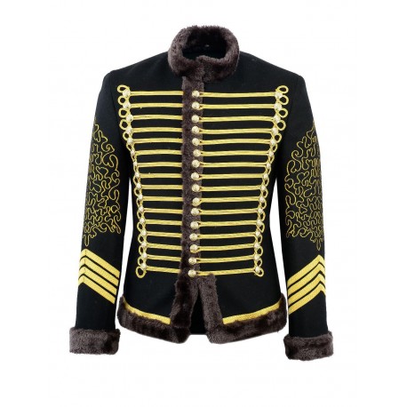 Black Hussar Parade Jacket Military Drummer Officer Faux Fur