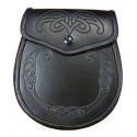 Celtic-Embossed Black Leather Day Sporran with Chain belt