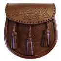 Brown Leather Celtic Embossed Kilt Sporran with 3 Tassels - Traditional Scottish Day Sporran