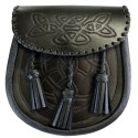 Celtic Embossed Black Leather Kilt Sporran with 3 Tassels - Traditional Scottish Day Sporran