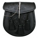 Scottish Traditional Day Sporran - Celtic Embossed Black Leather Kilt Sporran with 3 Tassels