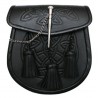 Scottish Traditional Day Sporran - Celtic Embossed Black Leather Kilt Sporran with 3 Tassels