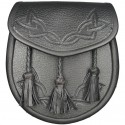 Traditional Scottish Black Leather Sporran with Celtic Knot Embossing & 3 Tassels