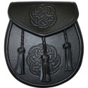 Black Leather Sporran Traditional Scottish with Celtic Knot Embossing & 3 Tassels