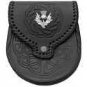 Black Celtic Thistle Leather Kilt Sporran - Embossed Scottish Day Sporran with Thistle Badge
