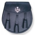 Black Leather Scottish Thistle Sporran with 3 Tassels - Formal Day Sporran for Kilt