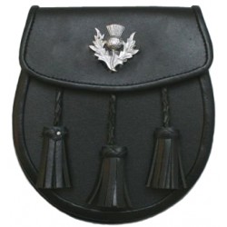 Thistle Badge Black Leather Sporran with Chain belt