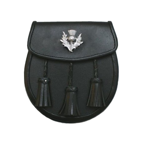 Thistle Badge Black Leather Sporran with Chain belt