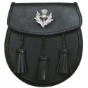 Black Leather Thistle Crest 3-Tassel Kilt Sporran - Traditional Scottish Sporran