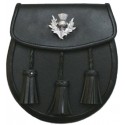 Thistle Badge Black Leather Sporran with Chain belt