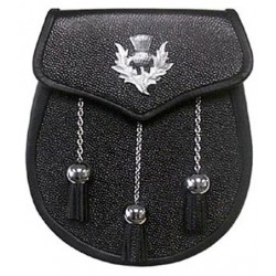 Thistle Badge Black Leather Sporran with Chain belt