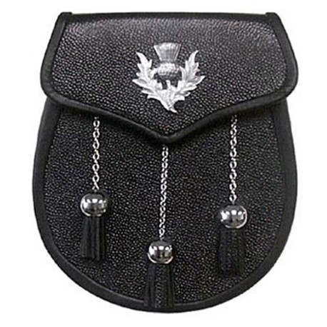 Thistle Badge Black Leather Sporran with Chain belt