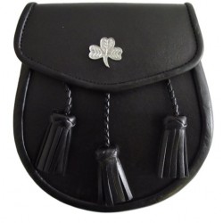 Shamrock Badge Black Leather Sporran with Chain belt
