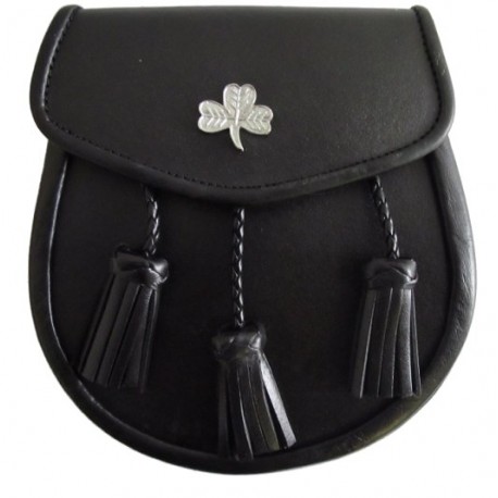 Shamrock Badge Black Leather Sporran with Chain belt