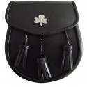 Shamrock Badge Black Leather Sporran with Chain belt