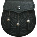 Black Leather Celtic Embossed Sporran with Chrome Ball Chain Tassels - Traditional Kilt