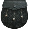 Black Leather Celtic Embossed Sporran with Chrome Ball Chain Tassels - Traditional Kilt