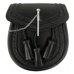 Embossed Black Leather Sporran with Chain belt