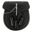 Black Leather Kilt T-Pin 3-Tassel Sporran - Traditional Braided Kilt Sporran