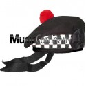 Diced Black Balmoral Hat with Red Ball Pom Pom
