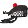 Diced Black Balmoral Hat with Red Ball Pom Pom