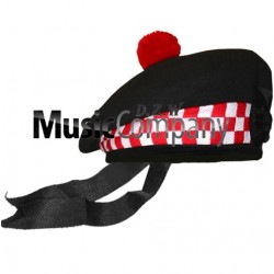 Diced Black Balmoral Hat with Red Ball Pom Pom