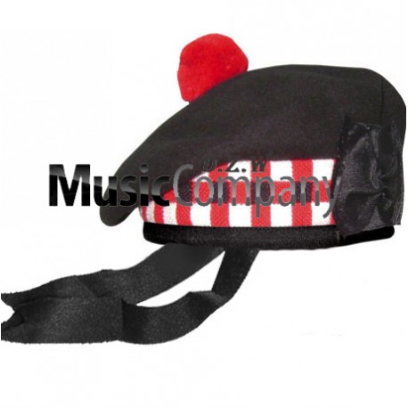 Diced Black Balmoral Hat with Red Ball Pom Pom