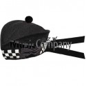 Diced Black Glengarry Hat with Black Ball Pom Pom